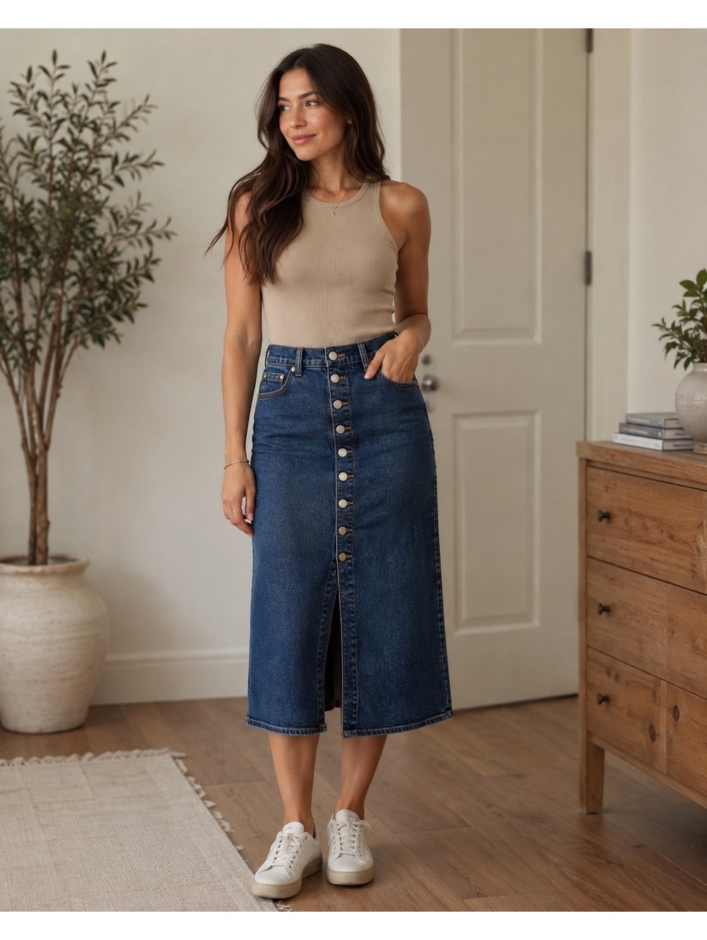 Universal Thread Denim Midi Skirt Size 4 High Waist Button Front Dark Wash